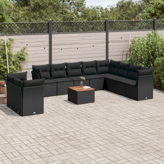 11-delige Loungeset met kussens poly rattan zwart