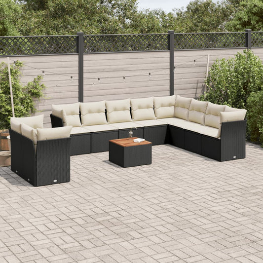 11-delige Loungeset met kussens poly rattan zwart