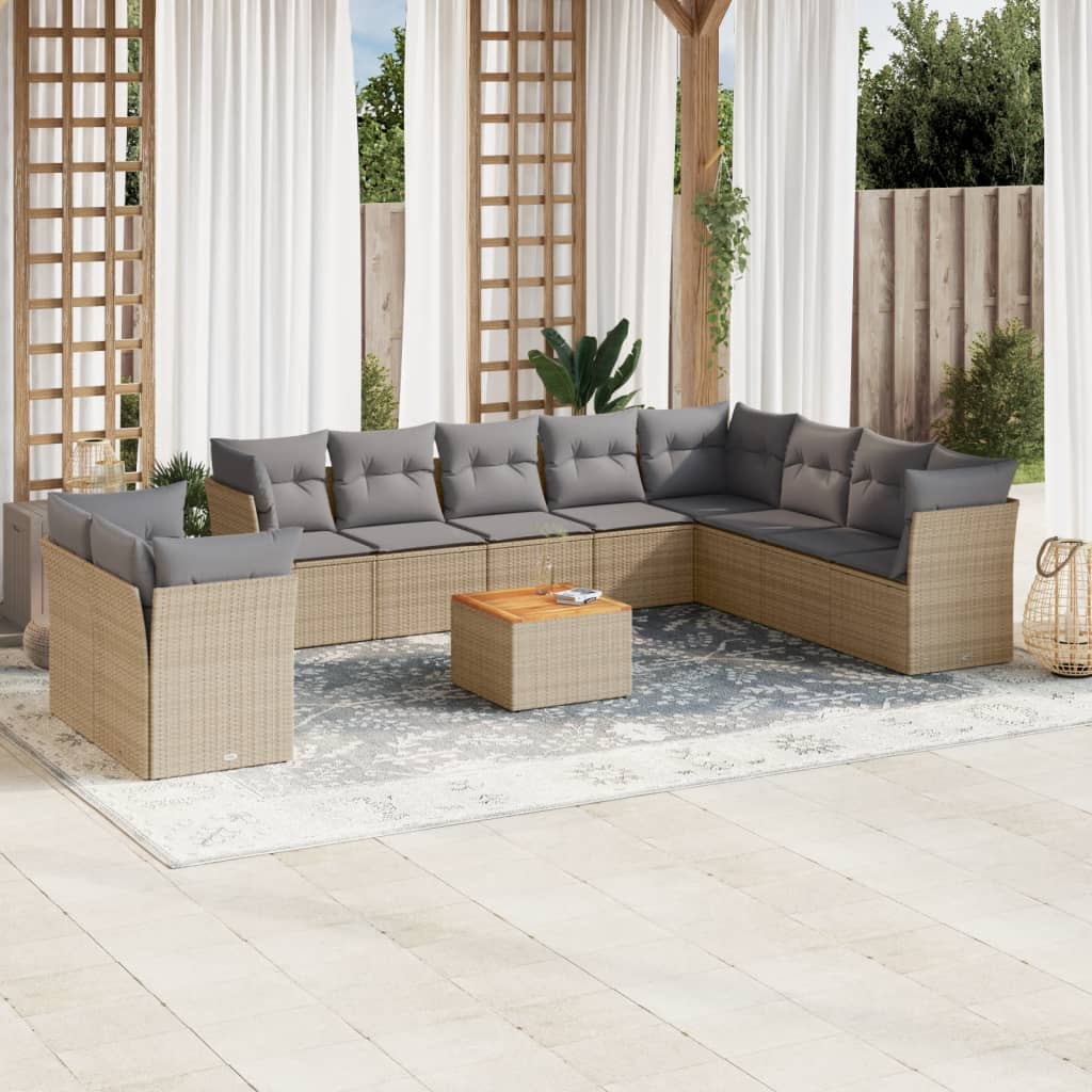 11-delige Loungeset met kussens poly rattan gemengd beige