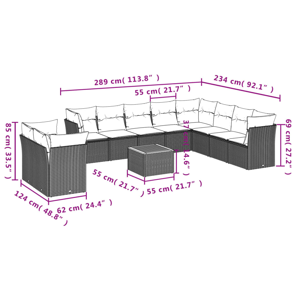 11-delige Loungeset met kussens poly rattan grijs