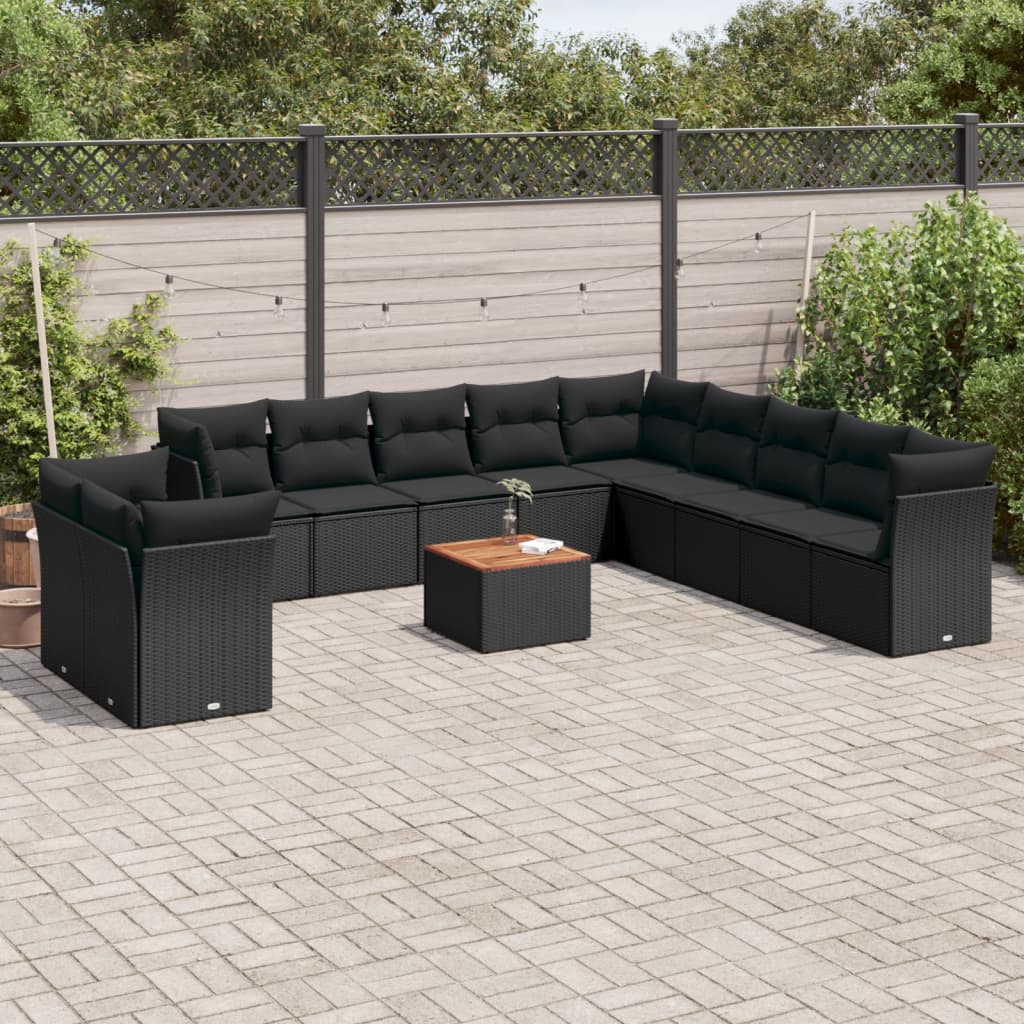 12-delige Loungeset met kussens poly rattan zwart