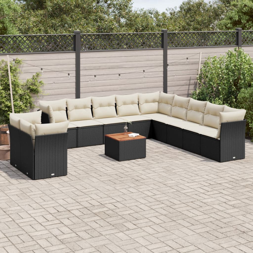 12-delige Loungeset met kussens poly rattan zwart