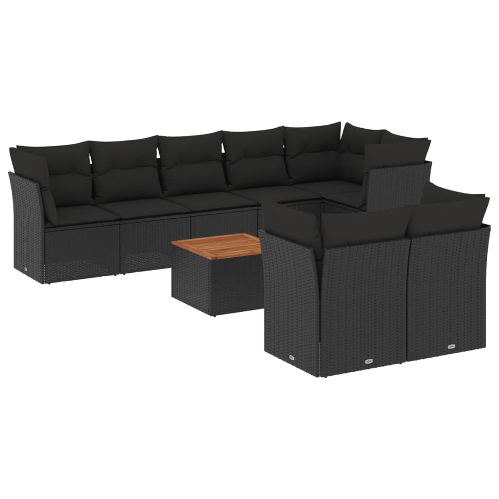 9-delige Loungeset met kussens poly rattan zwart