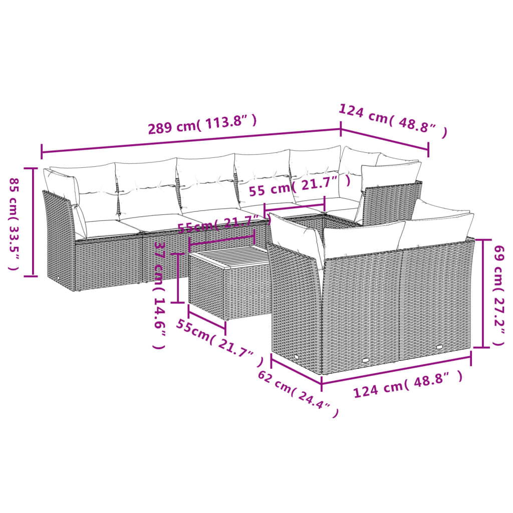 9-delige Loungeset met kussens poly rattan zwart