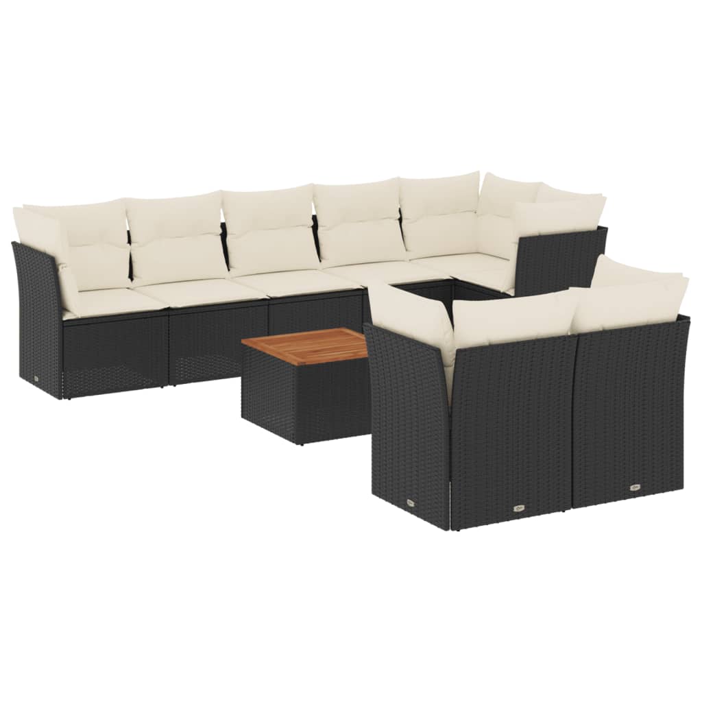 9-delige Loungeset met kussens poly rattan zwart