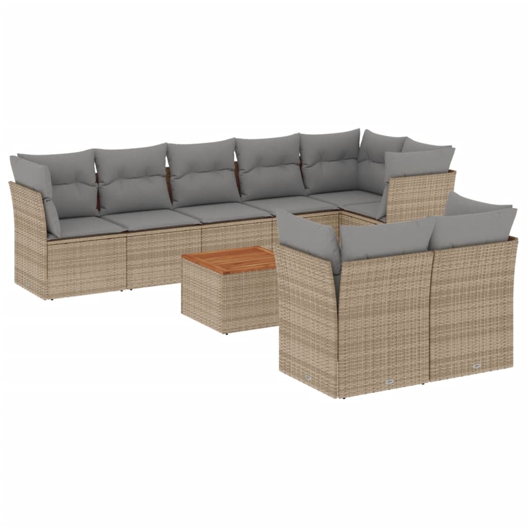 9-delige Loungeset met kussens poly rattan gemengd beige