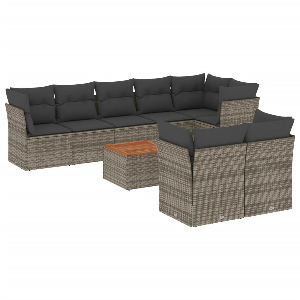 9-delige Loungeset met kussens poly rattan grijs