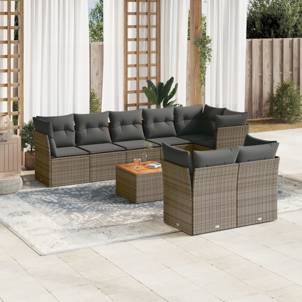 9-delige Loungeset met kussens poly rattan grijs