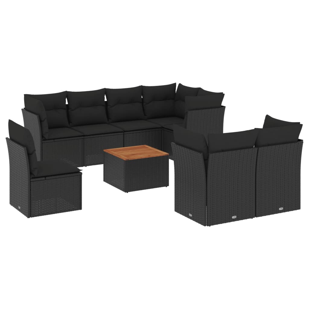 9-delige Loungeset met kussens poly rattan zwart