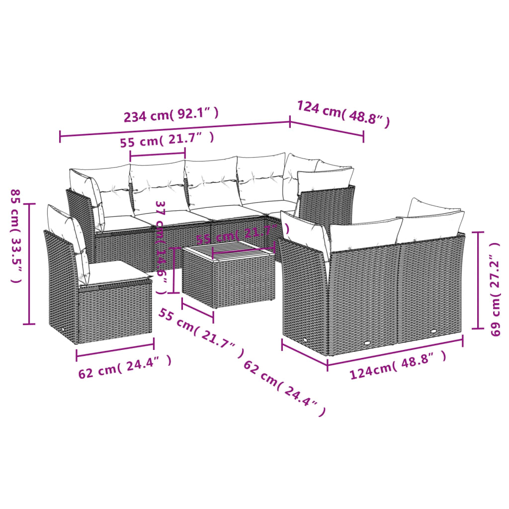 9-delige Loungeset met kussens poly rattan zwart