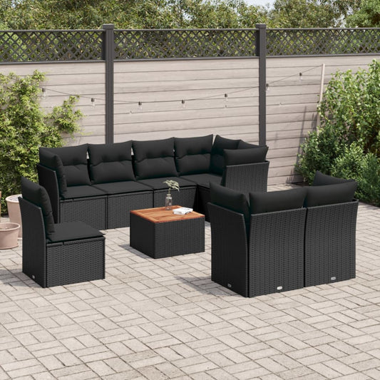 9-delige Loungeset met kussens poly rattan zwart