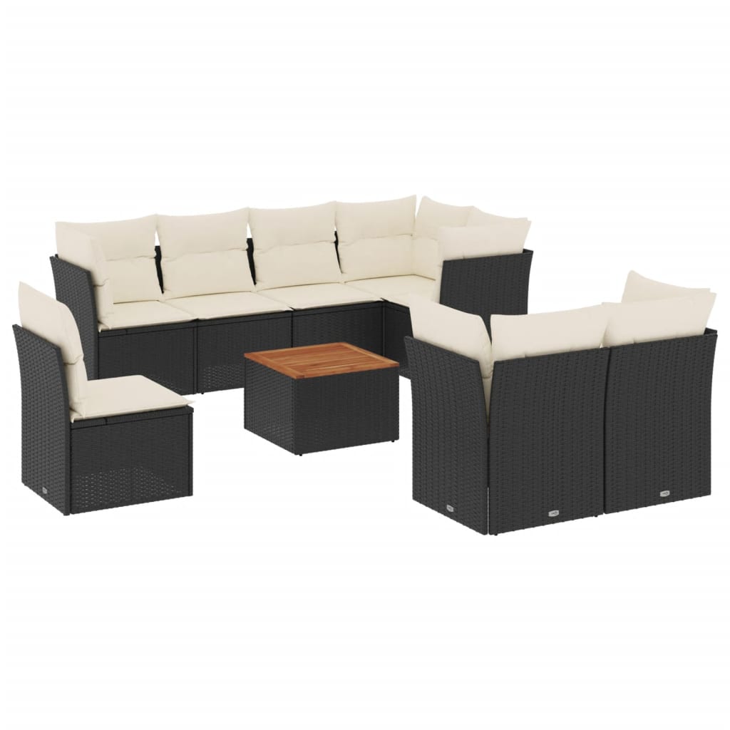 9-delige Loungeset met kussens poly rattan zwart