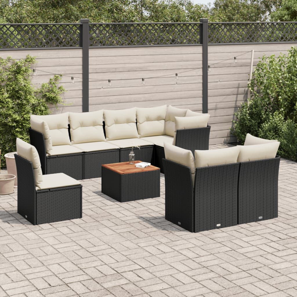 9-delige Loungeset met kussens poly rattan zwart