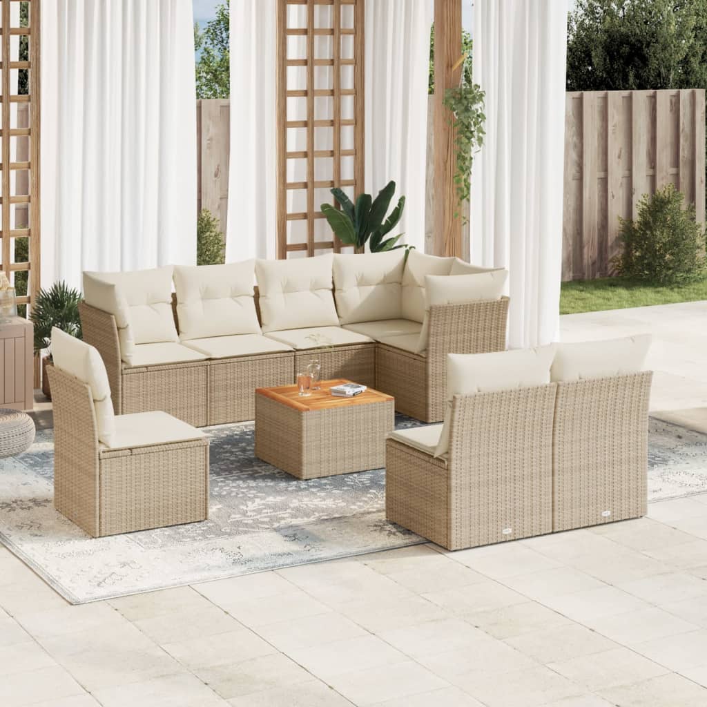 9-delige Loungeset met kussens poly rattan beige