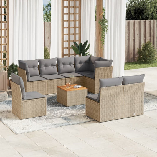 9-delige Loungeset met kussens poly rattan gemengd beige