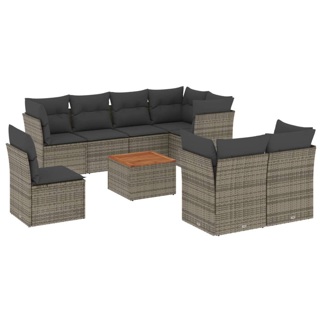 9-delige Loungeset met kussens poly rattan grijs