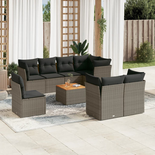 9-delige Loungeset met kussens poly rattan grijs