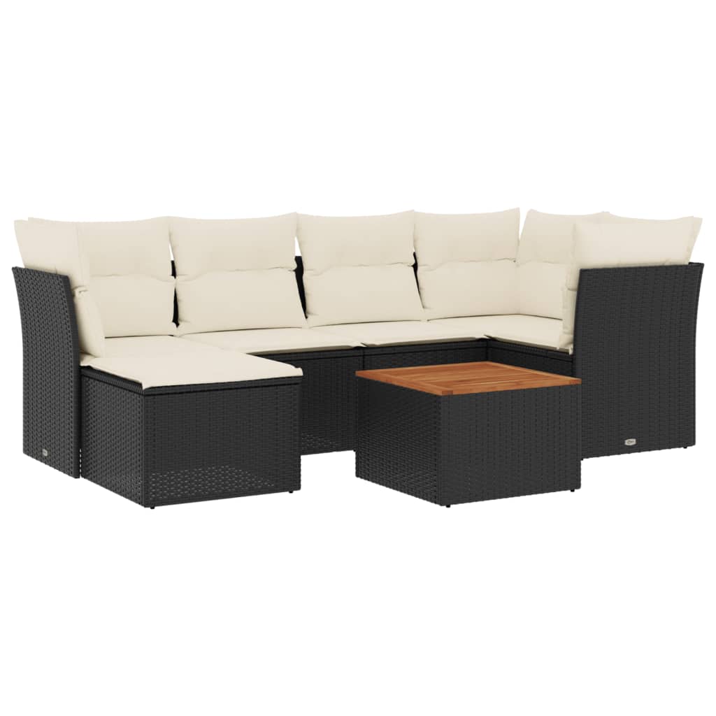 7-delige Loungeset met kussens poly rattan zwart