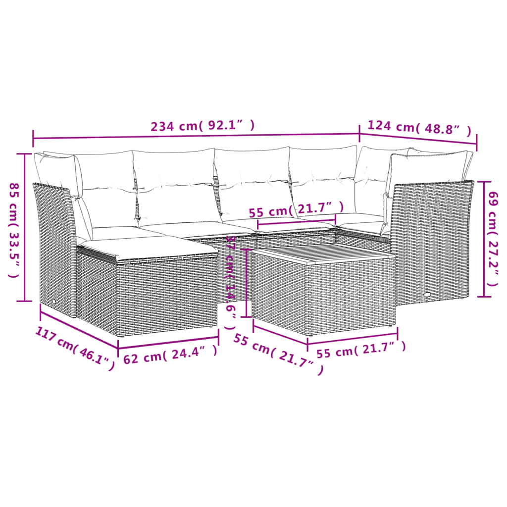 7-delige Loungeset met kussens poly rattan zwart