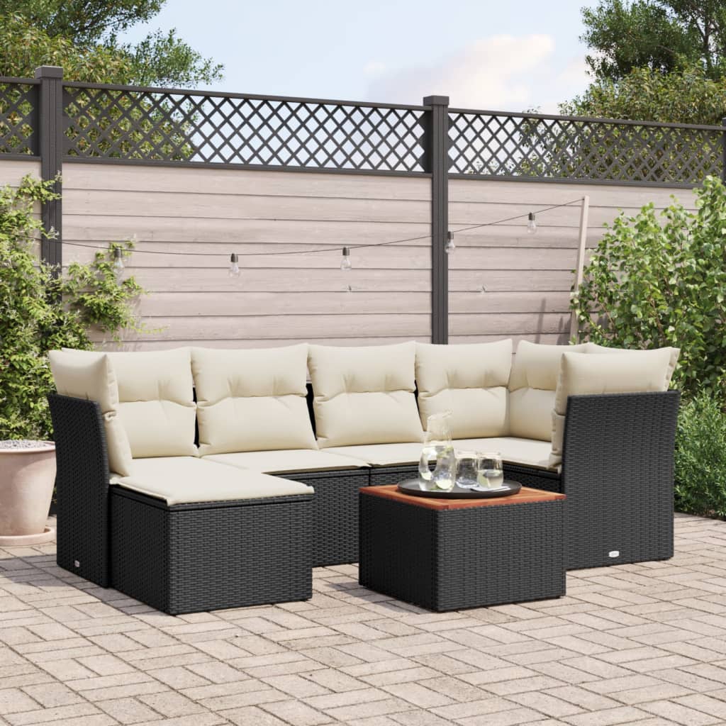 7-delige Loungeset met kussens poly rattan zwart