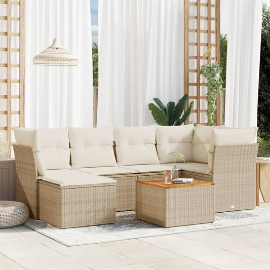 7-delige Loungeset met kussens poly rattan beige