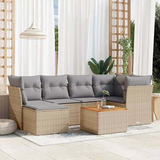 7-delige Loungeset met kussens poly rattan gemengd beige