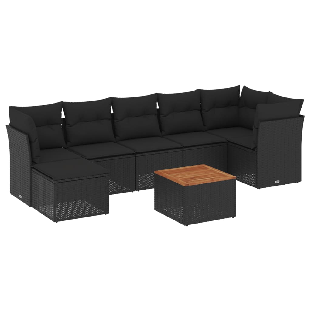 8-delige Loungeset met kussens poly rattan zwart