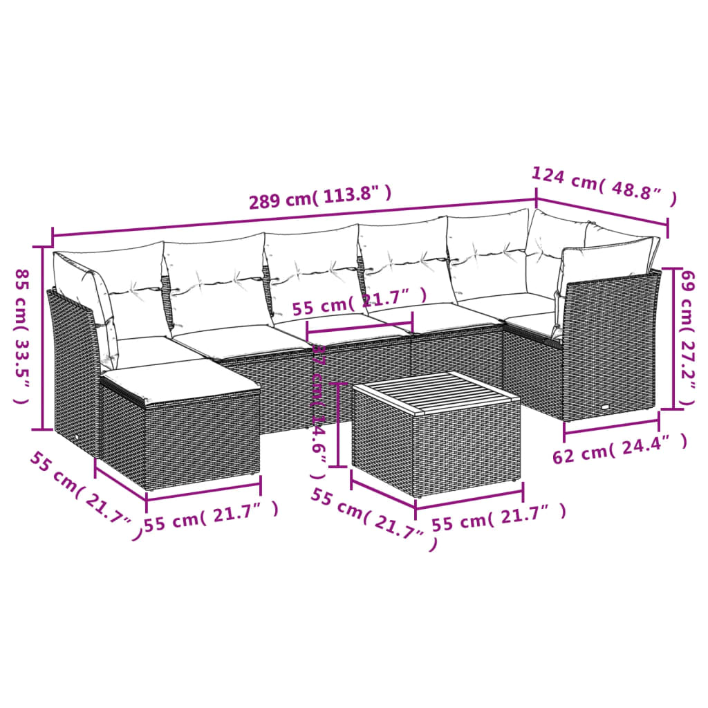 8-delige Loungeset met kussens poly rattan zwart