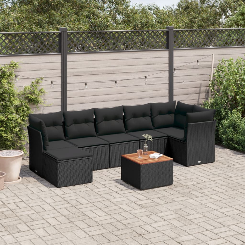 8-delige Loungeset met kussens poly rattan zwart