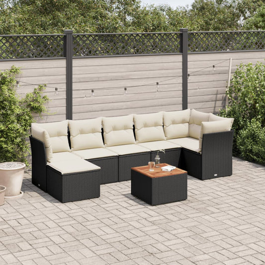 8-delige Loungeset met kussens poly rattan zwart