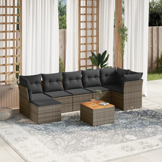 8-delige Loungeset met kussens poly rattan grijs