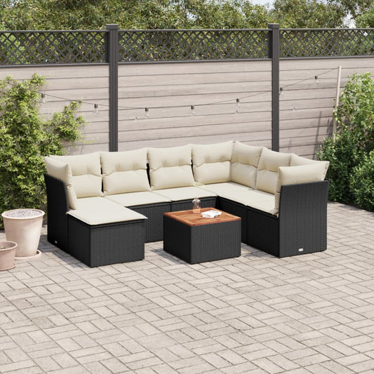 8-delige Loungeset met kussens poly rattan zwart