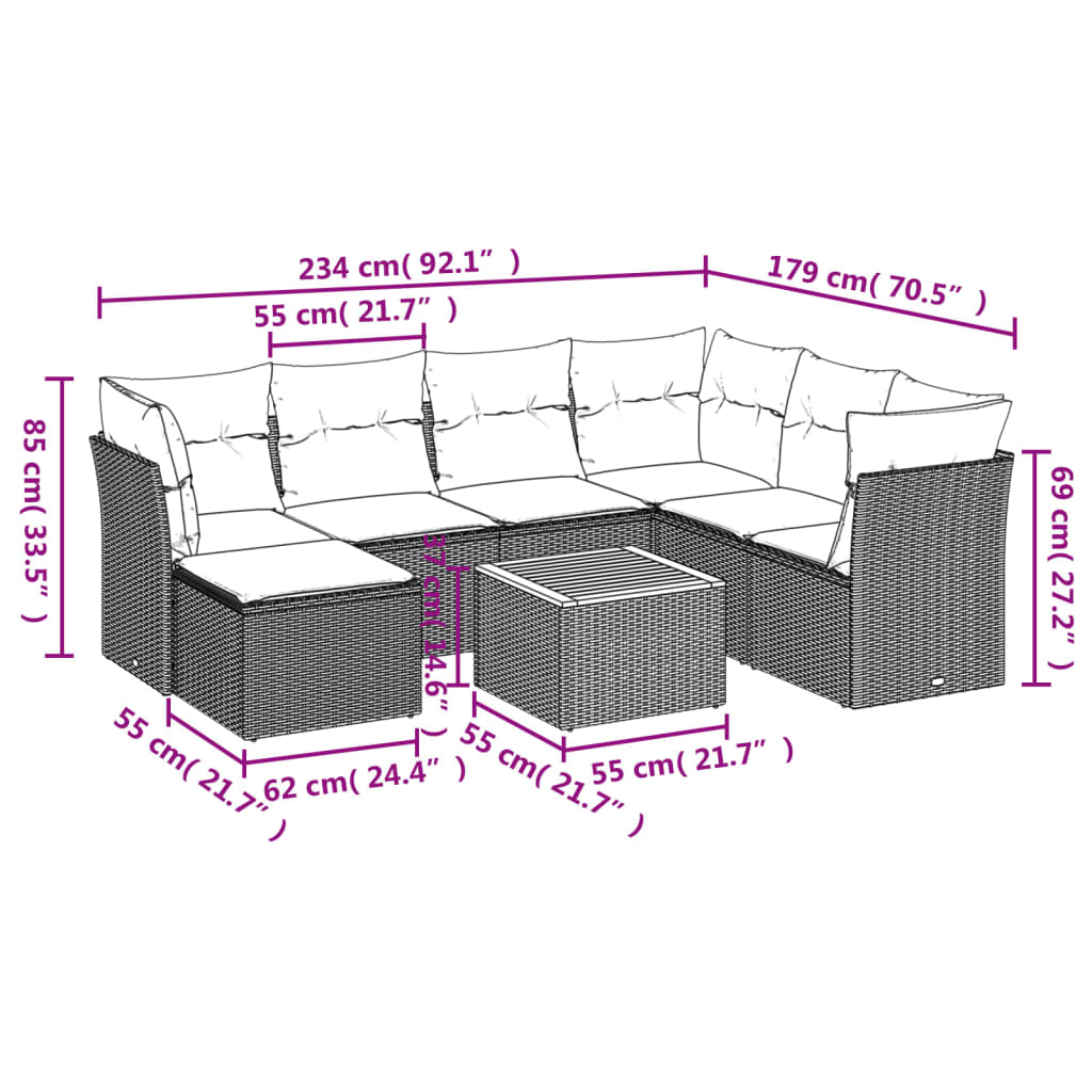 8-delige Loungeset met kussens poly rattan beige