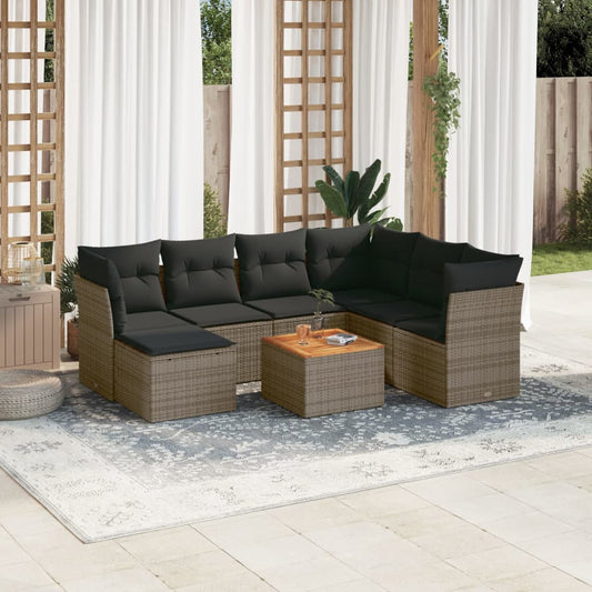 8-delige Loungeset met kussens poly rattan grijs