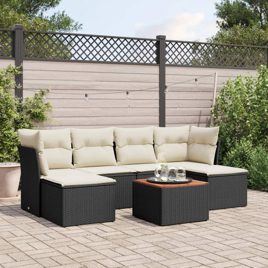 7-delige Loungeset met kussens poly rattan zwart