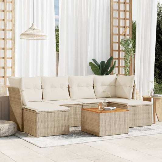 7-delige Loungeset met kussens poly rattan beige