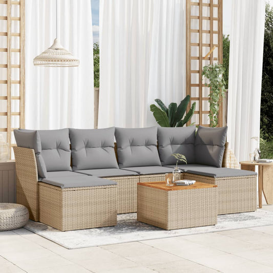 7-delige Loungeset met kussens poly rattan gemengd beige