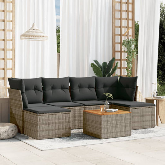 7-delige Loungeset met kussens poly rattan grijs