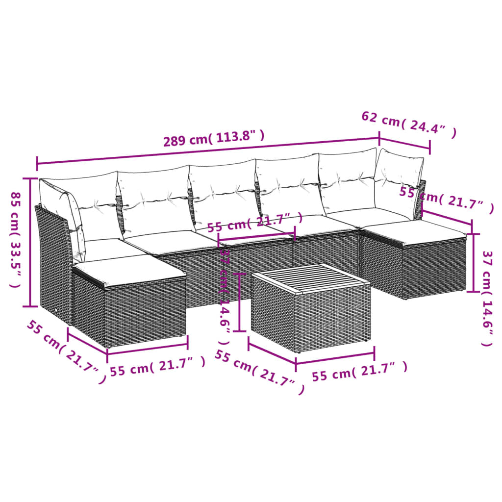 8-delige Loungeset met kussens poly rattan zwart