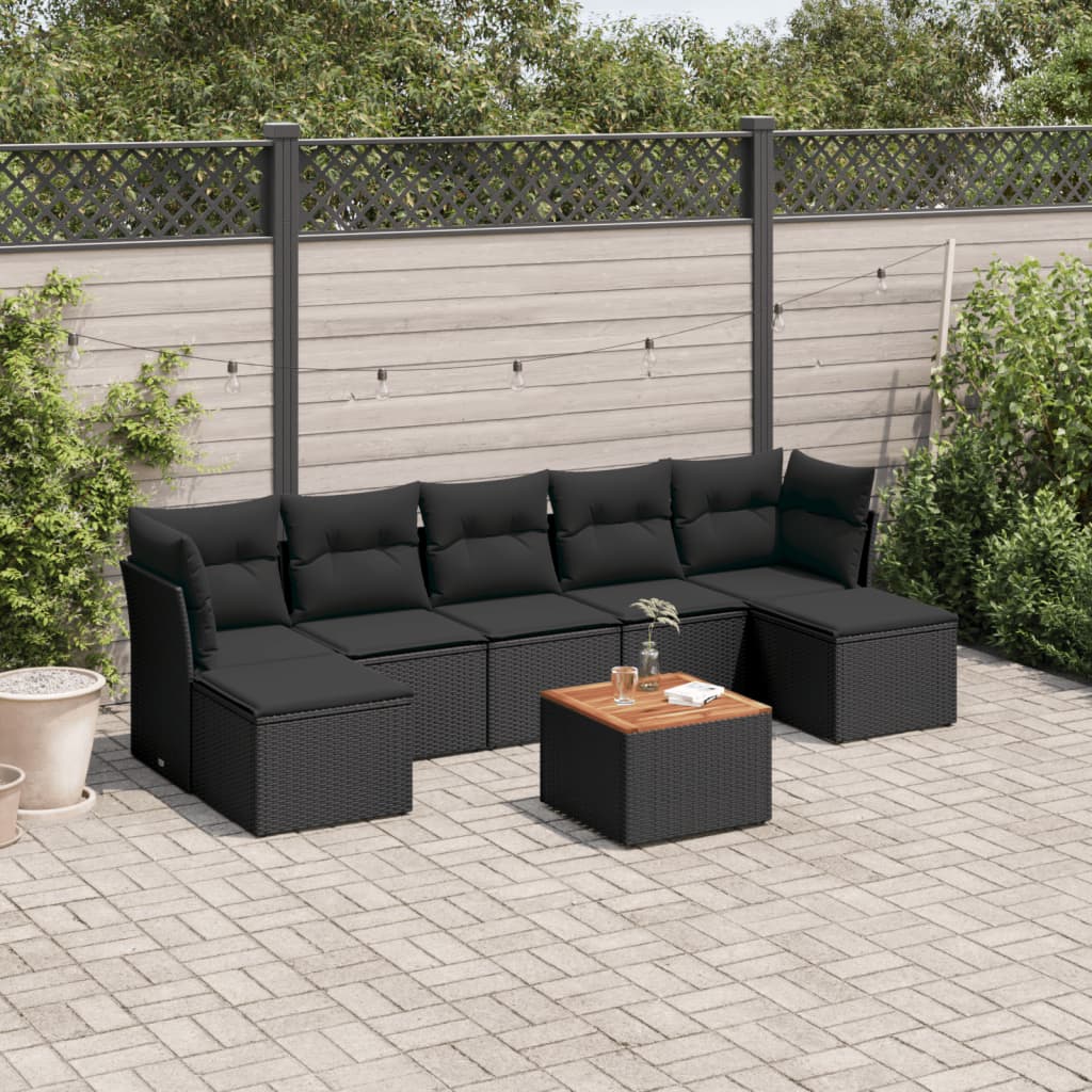 8-delige Loungeset met kussens poly rattan zwart