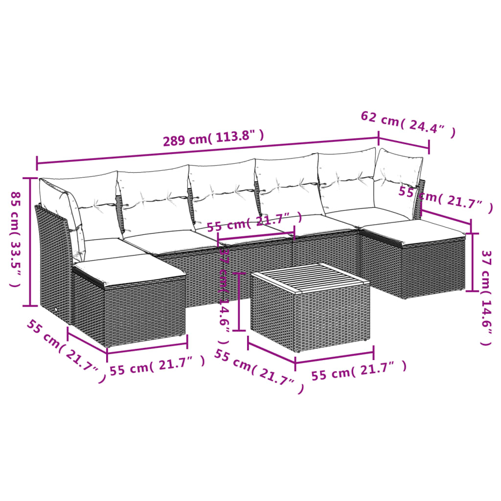 8-delige Loungeset met kussens poly rattan grijs