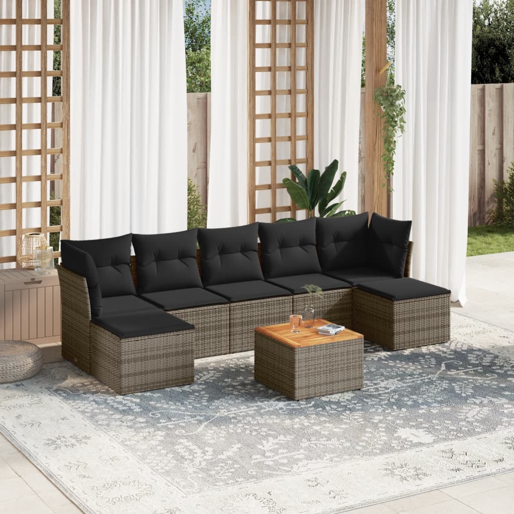 8-delige Loungeset met kussens poly rattan grijs