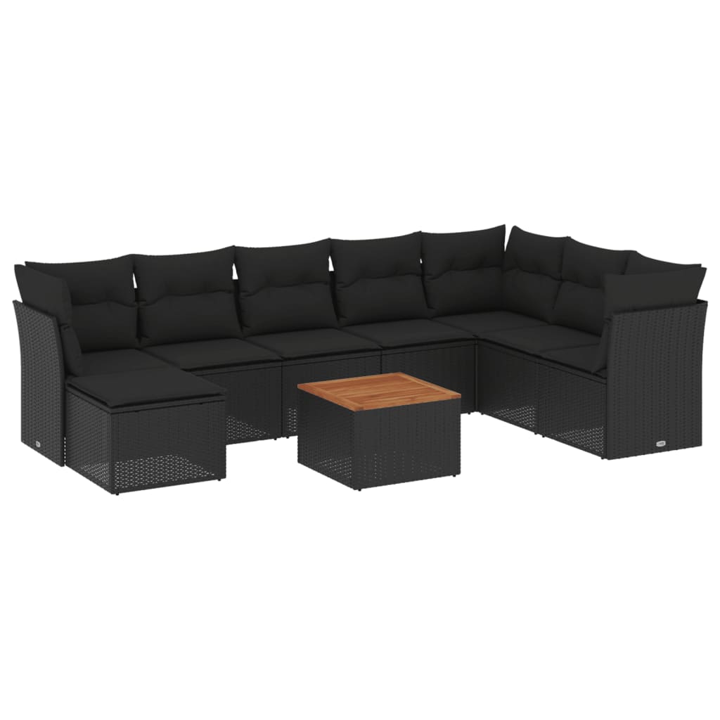 9-delige Loungeset met kussens poly rattan zwart