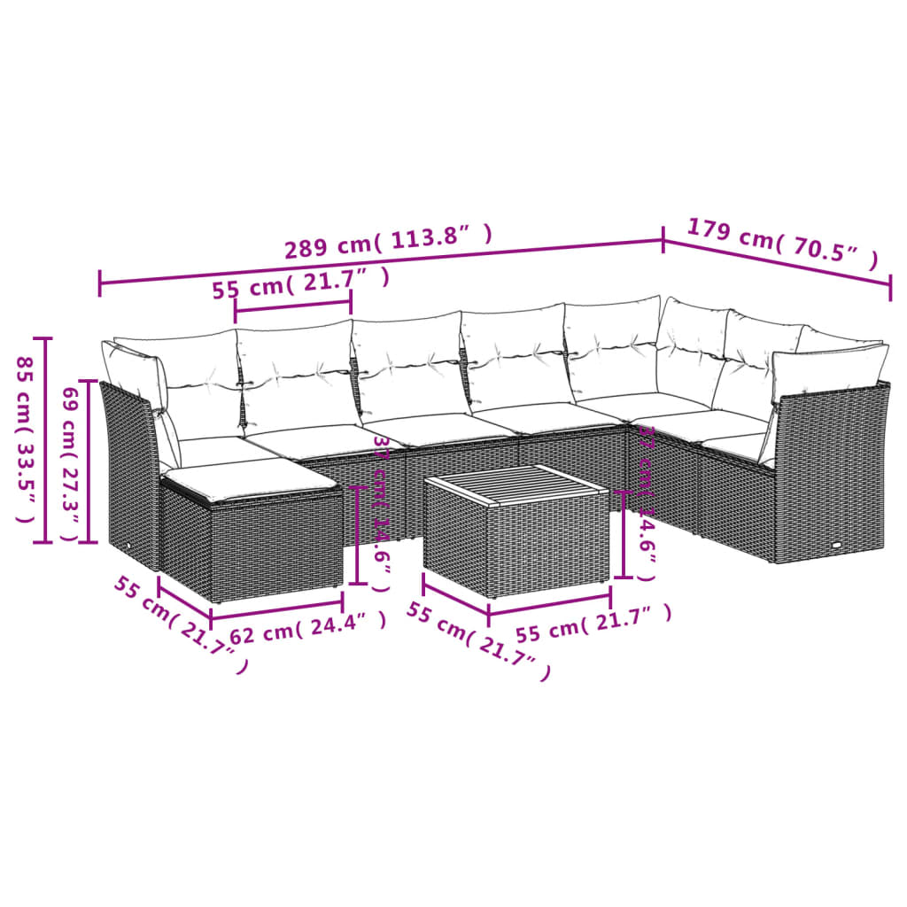 9-delige Loungeset met kussens poly rattan zwart