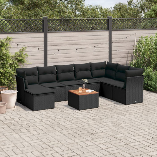 9-delige Loungeset met kussens poly rattan zwart