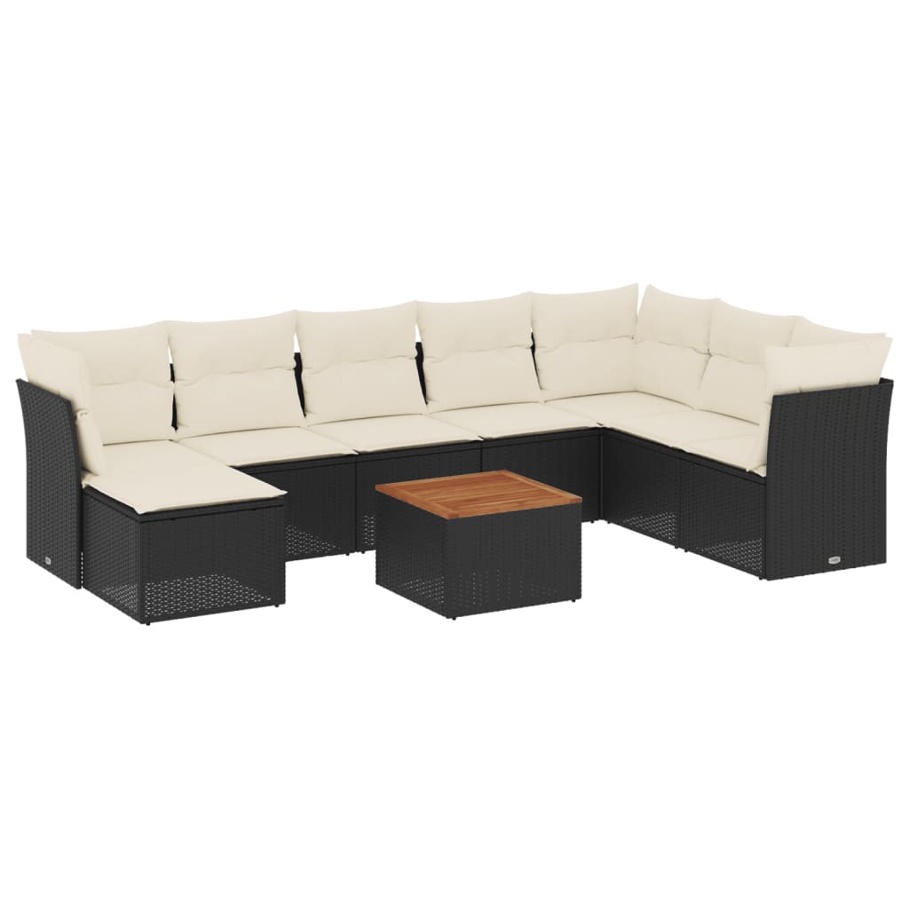 9-delige Loungeset met kussens poly rattan zwart