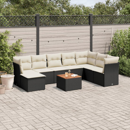 9-delige Loungeset met kussens poly rattan zwart