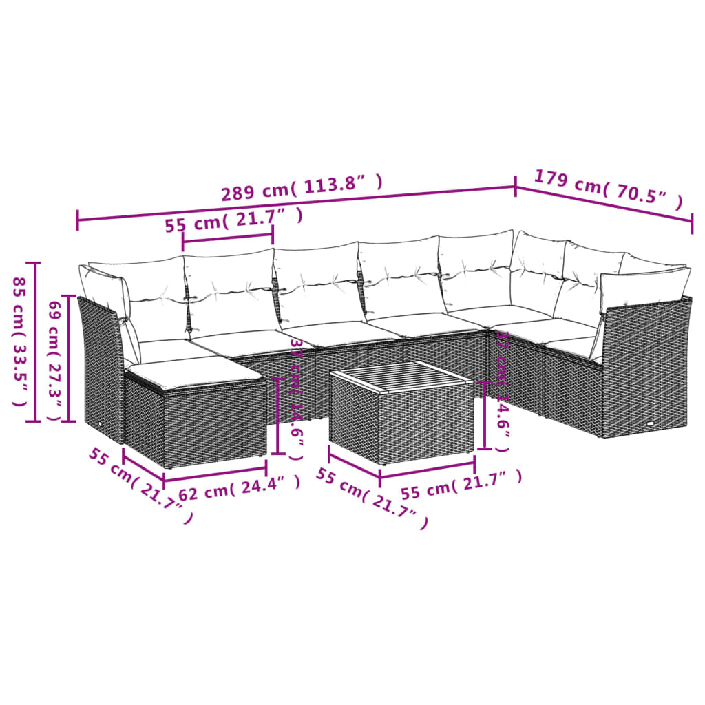 9-delige Loungeset met kussens poly rattan beige