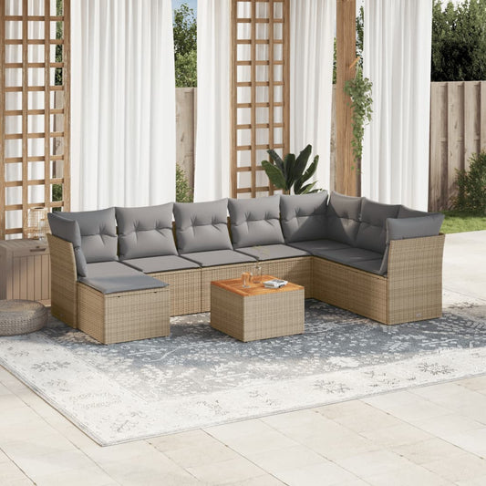 9-delige Loungeset met kussens poly rattan gemengd beige