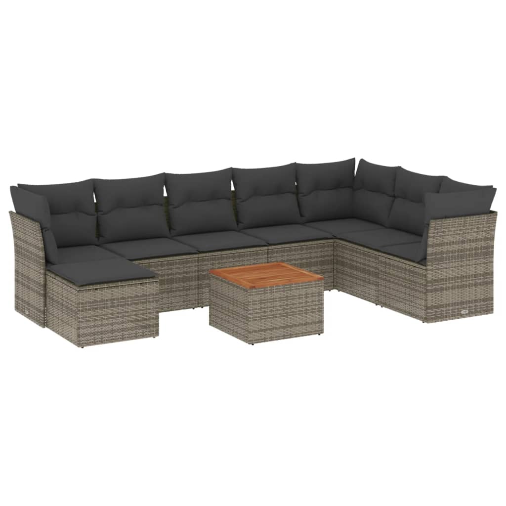 9-delige Loungeset met kussens poly rattan grijs